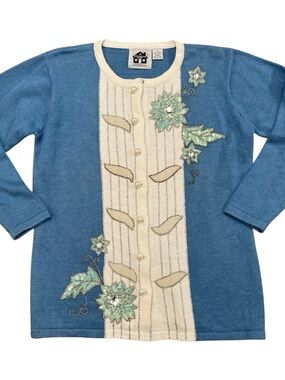 Storybook Knits Pearl Beaded Cardigan Sweater Floral Vintage Teacher